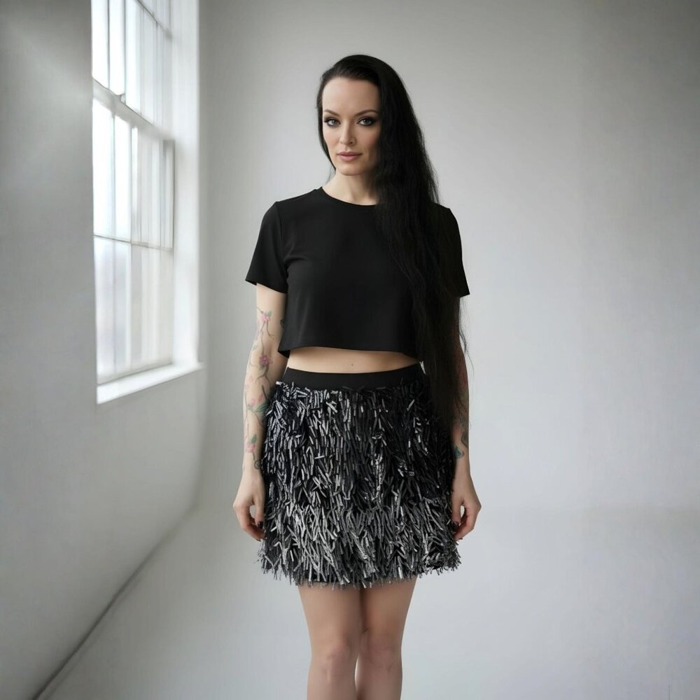 Zara ⦠Metal Fringe Mini Skirt ⦠Black Silver Ombre Handmade Limited Ed S NWT - Picture 7 of 12
